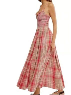 FREE PEOPLE SWEET NOTHINGS PLAID MAXI SMOCKED BODICE SUNDRESS DRESS POCKET $168